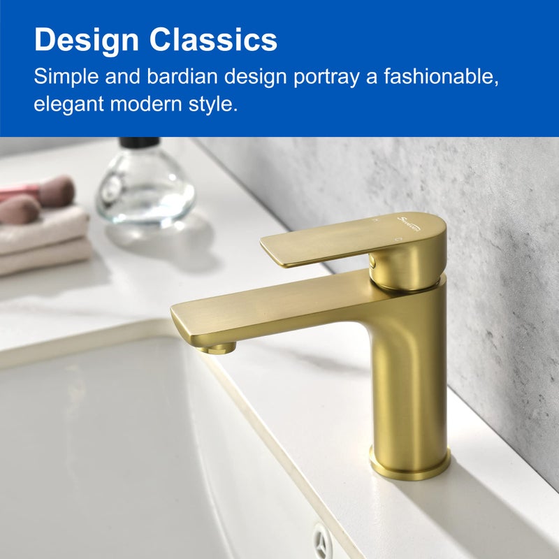 SHAMANDA Brass Bathroom Faucet, Single Handle One Hole Brushed Gold Bathroom Sink Faucet with cUPC Water Supply Lines, LB201-3 - Image 5